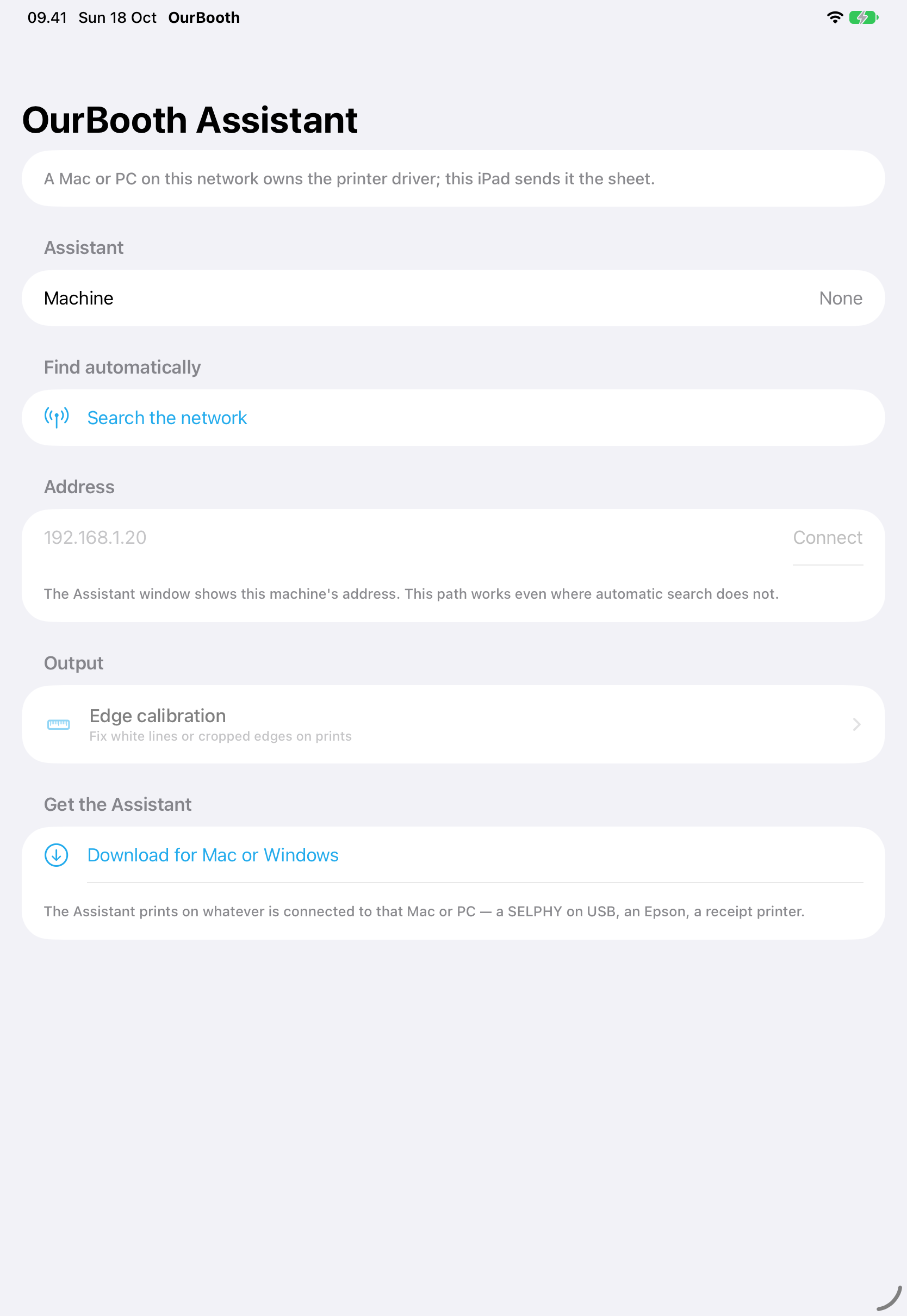 OurBooth Assistant settings